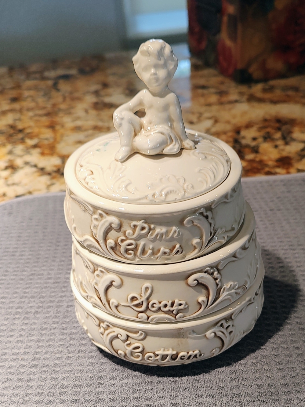 Enesco 1950's Cream Ceramic Stackable Trinket Jars with Cherub Lid